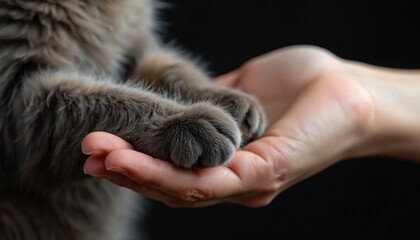 Gentle human hand carefully holds soft grey cat paw, symbolizing companionship and care. Close-up on tender connection between human and pet, trust, domestic animals, fluffy fur detail.
