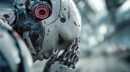 Fototapeta premium Emotional humanoid robot contemplates existence in a futuristic world