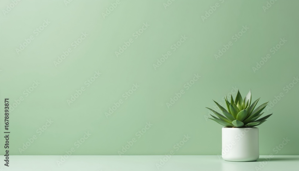Poster Soft sage green backdrop with subtle gradient, offering ample negative space for design elements. Small green succulent plant in white pot rests on matching pale green surface, creating tranquil,