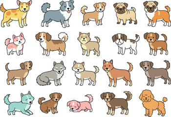 Cute cartoon dog collection, various puppy breeds illustration, playful pet characters, adorable dogs clipart, colorful animal set, happy pets, funny dogs for design