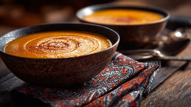 Moroccan spiced carrot soup with cumin and paprika oil, dark clay bowls and patterned napkin,