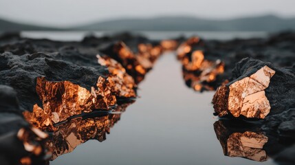 Close-up of dried Martian riverbed made of shattered mirrors, warm reddish soil and silvery reflections, cinematic conceptual planetary photography