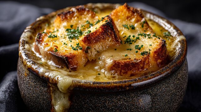 Onion soup topped with melted cheese and crouton, styled in rustic ramekin with dark background and glistening top