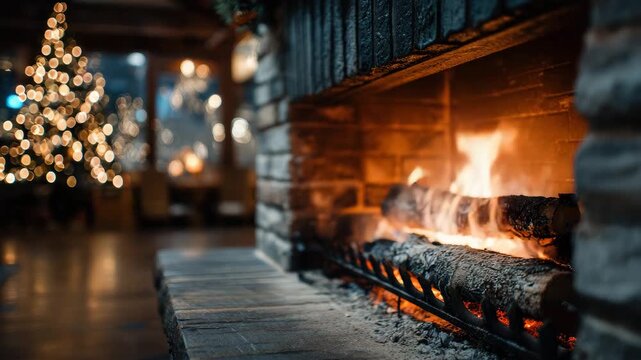 cozy fireplace in decorated home at christmas time animation
