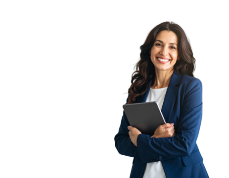 Business portrait isolated on white transparent background- A smiling businesswoman w 