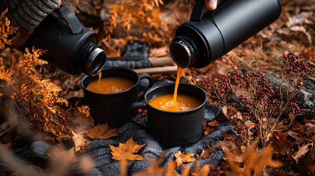 Overhead autumn picnic scene with thermos flasks pouring soup into black cups, dried leaves scattered around, muted amber props,