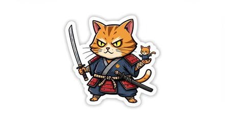 Fierce Samurai Cat with Katana Street Art Sticker