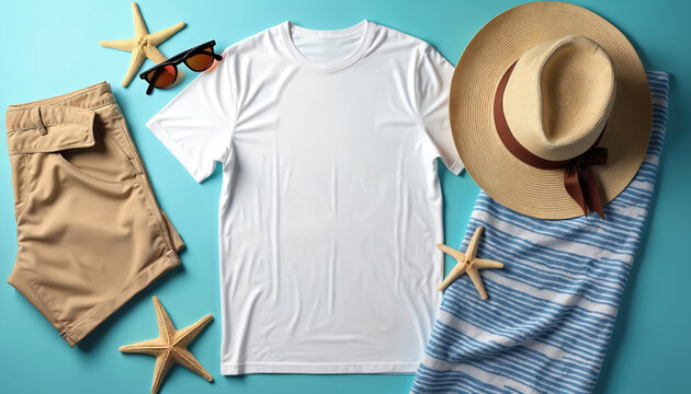 Flat lay of white t-shirt mockup featuring beach vacation essentials. Includes straw hat, sunglasses, shorts, starfish, striped towel. Perfect for summer apparel branding, casual wear, coastal style