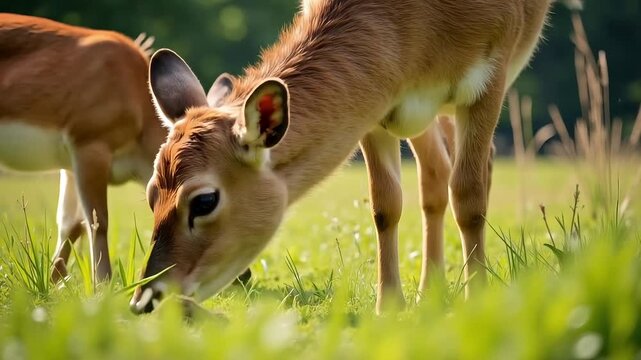 Gentle deer grazing peacefully in a sunlit meadow
