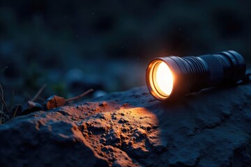 A powerful flashlight beam cuts through the darkness, illuminating a textured rock surface  Ideal for illustrating concepts of adventure, exploration, and survival , spotlight, light source