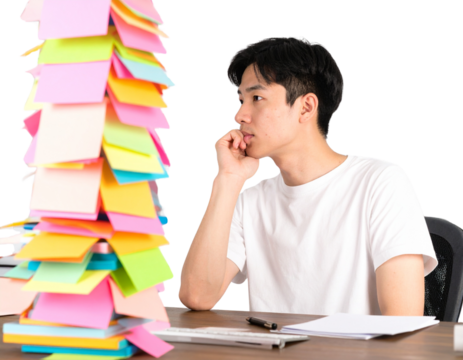 Business, man and thinking of ideas for choice, problem solving and brainstorming iso