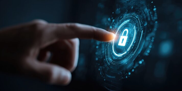 Human finger touching a glowing digital padlock for cybersecurity and data protection. - Powered by Adobe