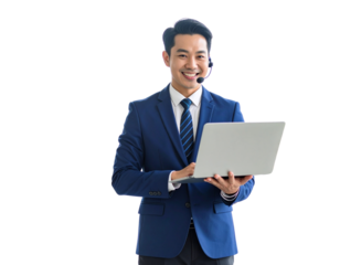 Businessman Holding Laptop, Smiling While Engaging with Media and Sharing Content Onl  