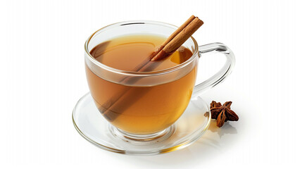 A steaming cup of classic hot apple cider, garnished with a crisp red apple slice and a fragrant cinnamon stick, evoking warmth and comfort on a clean white background.

