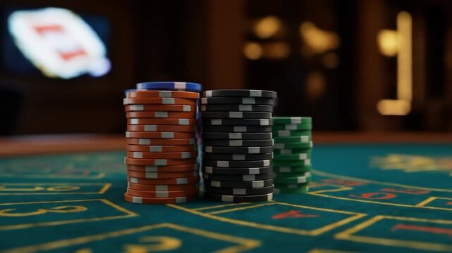 Poker chip stacks on green tabletop surface gambling and entertainment concept