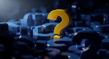 A single golden question mark stands out from many blue question marks