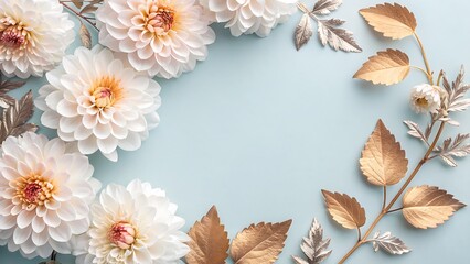 White Dahlia Flowers and Gold Leaves Arranged on Light Blue Background cream yellow center