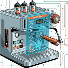 Futuristic espresso machine with glowing blue interface and vacuum tubes.