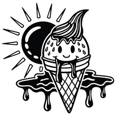 A funny cartoon drawing of an American football player with a fish tail, holding an ice cream and an ice hockey stick