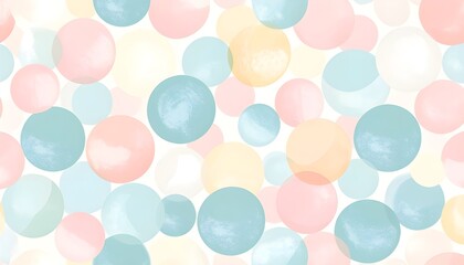 Artistic seamless pattern of delicate watercolor circles in soft pastel colors, an abstract background with pink, blue, and yellow bubbles