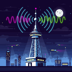 Tall tower broadcasting signals over a city at night.