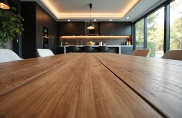 Modern kitchen interior with large wooden table in foreground. Sleek, dark cabinetry, integrated appliances, ambient LED lighting create sophisticated atmosphere. Large windows offer view of rich