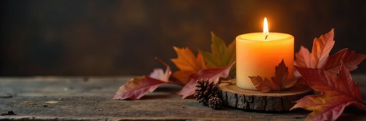 A rustic wooden table holds a flickering November-themed candle, surrounded by autumn leaves and pine cones, casting a warm glow Perfect for fall, Thanksgiving, or cozy winter scenes , pine, harvest
