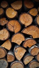 A rustic pile of seasoned firewood, ready for a cozy fire Various sizes and types of wood create a textural and warm background Perfect for autumn, winter, or fireplace themes , campfire, comfort