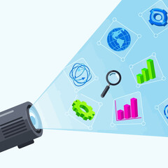 Spotlight projects digital icons and graphs on a light background.