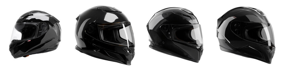 Fototapeta premium Set of glossy black motorcycle helmets in wide-angle shot, professional biker safety gear, shiny protective riding helmet with modern stylish design and sleek finish transparent background