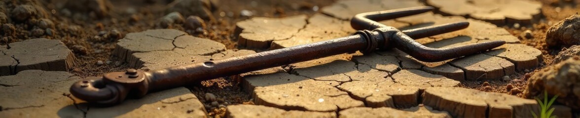 A rusty, three-pronged pitchfork lies discarded in dry, cracked earth, hinting at a devilish or hellish scene The texture and lighting emphasize decay and despair , cursed, spooky, devilish