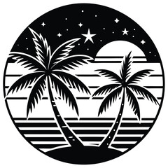 Tropical beach landscape with palm tree silhouettes at sunset