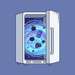 Open refrigerator with swirling blue light and dark objects inside.