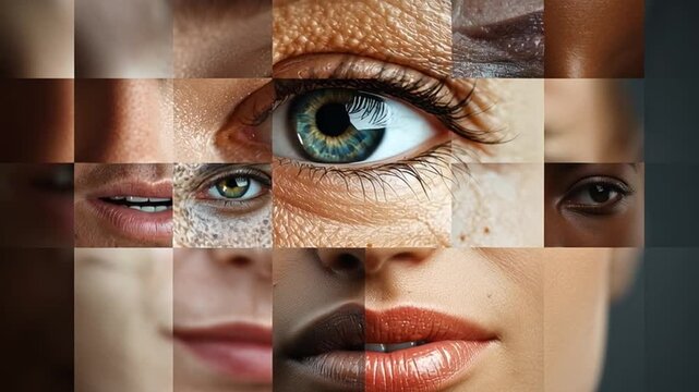 A unique compilation of diverse human facial features merges various skin tones and expressions. This artistic representation emphasizes the beauty of diversity in humanity through detailed close-ups.
