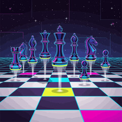 Futuristic chess pieces glow on a digital board with neon accents.