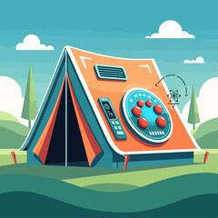 Tent with electronic controls in a grassy outdoor setting.