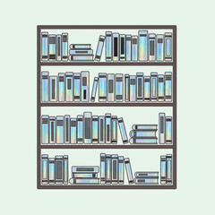 Bookshelf filled with books on a light green background.