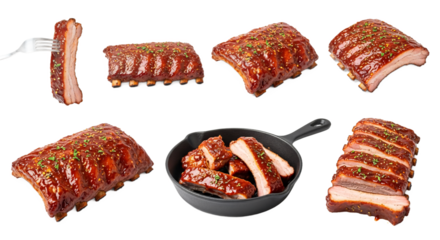 Collection of deliciously cooked pork ribs displayed in various arrangements and styles isolated on transparent background