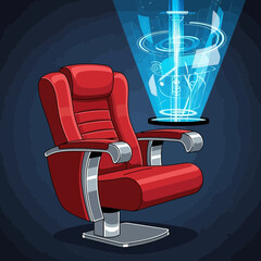 Red chair displays a futuristic blue holographic interface.