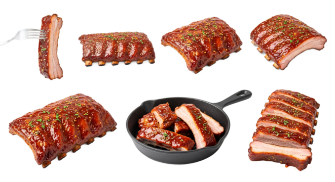 Collection of deliciously cooked pork ribs displayed in various arrangements and styles isolated on transparent background