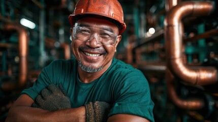 A cheerful worker in safety gear stands confidently amidst machinery, showcasing his skills in a vibrant industrial setting. This image highlights dedication and professionalism.