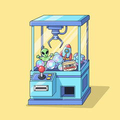 A blue claw machine filled with toys on a yellow background.