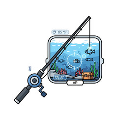 Fishing rod and reel with aquarium showing fish and underwater scene.