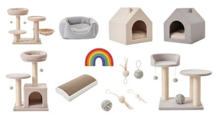 Collection of various cat furniture and toys including scratching posts cat trees houses beds and playful accessories isolated on transparent background