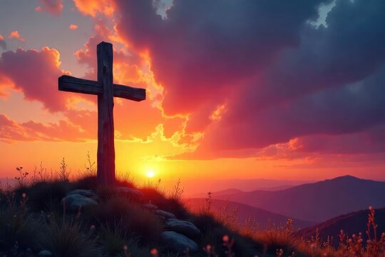 A serene landscape depicting a rustic wooden cross silhouetted against a vibrant sunset, conveying peace and spiritual reflection , grace, death - Powered by Adobe