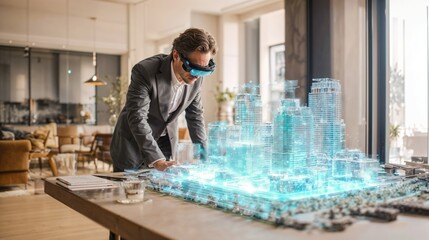 A male architect in a suit uses a virtual reality headset to analyze a futuristic city model with blue glowing lines