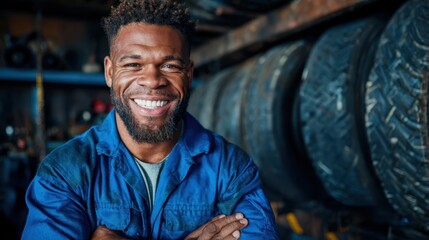 An engaging portrait of a smiling mechanic showcasing confidence and professionalism while surrounded by tires in a dynamic workshop environment filled with energy.
