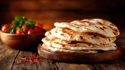 A rustic display of warm naan bread alongside vibrant tomatoes and herbs, showcasing delicious culinary elements that highlight a homely and inviting dining experience.
