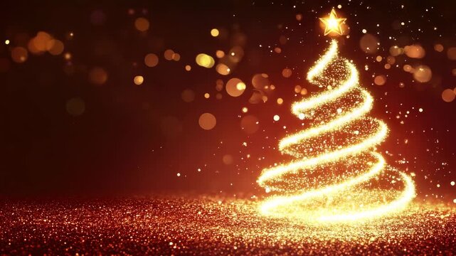golden glittering shiny christmas tree on red background animation