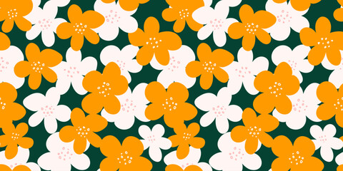 Seamless vector floral pattern with bold orange and white flowers on a dark green background. Bright retro style design for fabric, wallpaper, packaging, and decor
